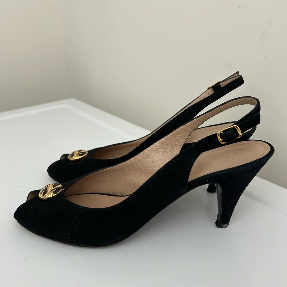 Bruno Magli Suede Peep Toe Slingback Heels Black Size 8 AAAA Extra Narrow